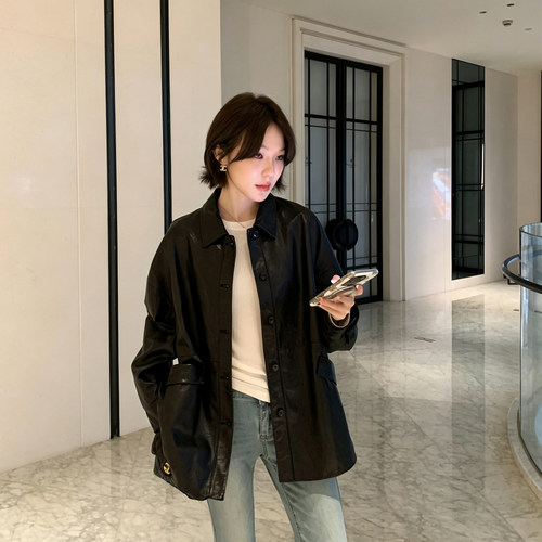 GHJODstudio真皮皮衣女黑色翻领