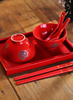 日式喜庆结婚网红色碗陶瓷碗筷勺套装餐具回礼碗婚庆创意高档礼品