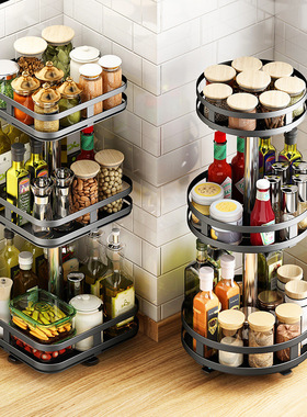 旋转调料架厨房免打孔转角金属多层黑色落地台面收纳架Spice Rack