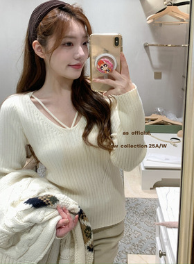 AS正品十三行甜美纯欲针织衫小衫女冬季V领长袖心机百搭保暖上衣