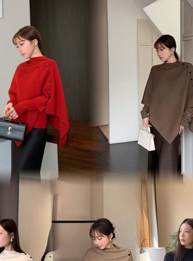 YOOMINI正品两件套披肩毛衣女冬季立领斗篷长袖上衣气质优雅保暖