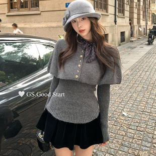 GS.GOOD START十三行两件套斗篷毛衣上衣女冬季长袖复古气质保暖