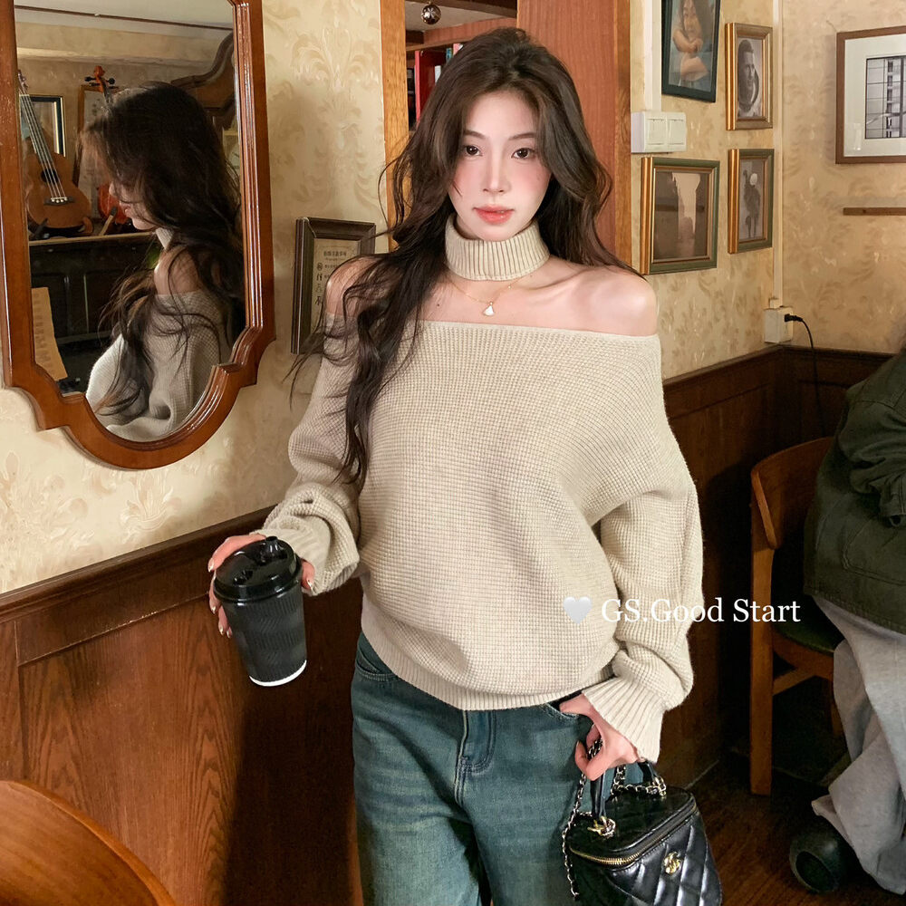 GS正品挂脖一字肩华夫格毛衣上衣