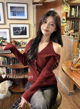 GS.GOOD START十三行露肩开叉针织衫小衫女冬季V领长袖修身显瘦