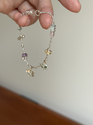 原创S925纯银泰银海蓝宝紫水晶黄水晶小花碎银子手链精致小众