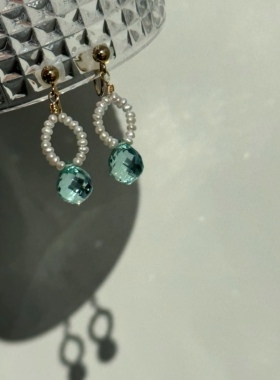 一期彩宝 天然淡水珍珠蓝绿色石英石水滴设计耳环耳针 无痛耳夹女