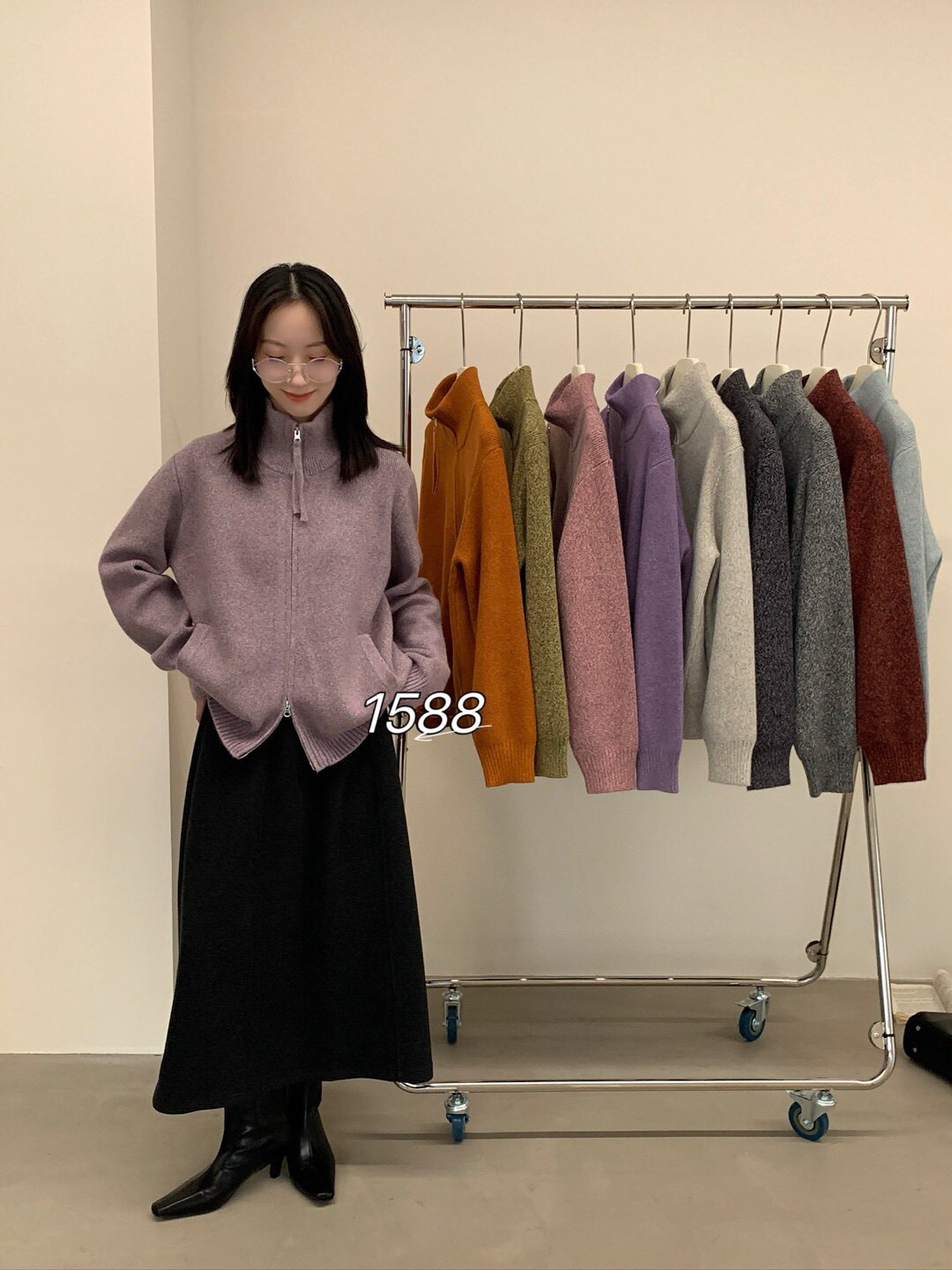 2025秋装新款韩版花线拼色半高领针织开衫女宽松百搭花线毛衣1588