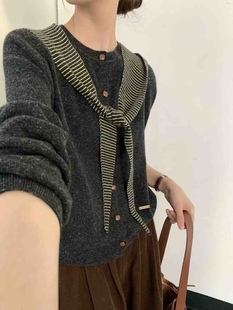 2025秋季新款韩版时尚披肩圆领条纹针织开衫女宽松显瘦98567