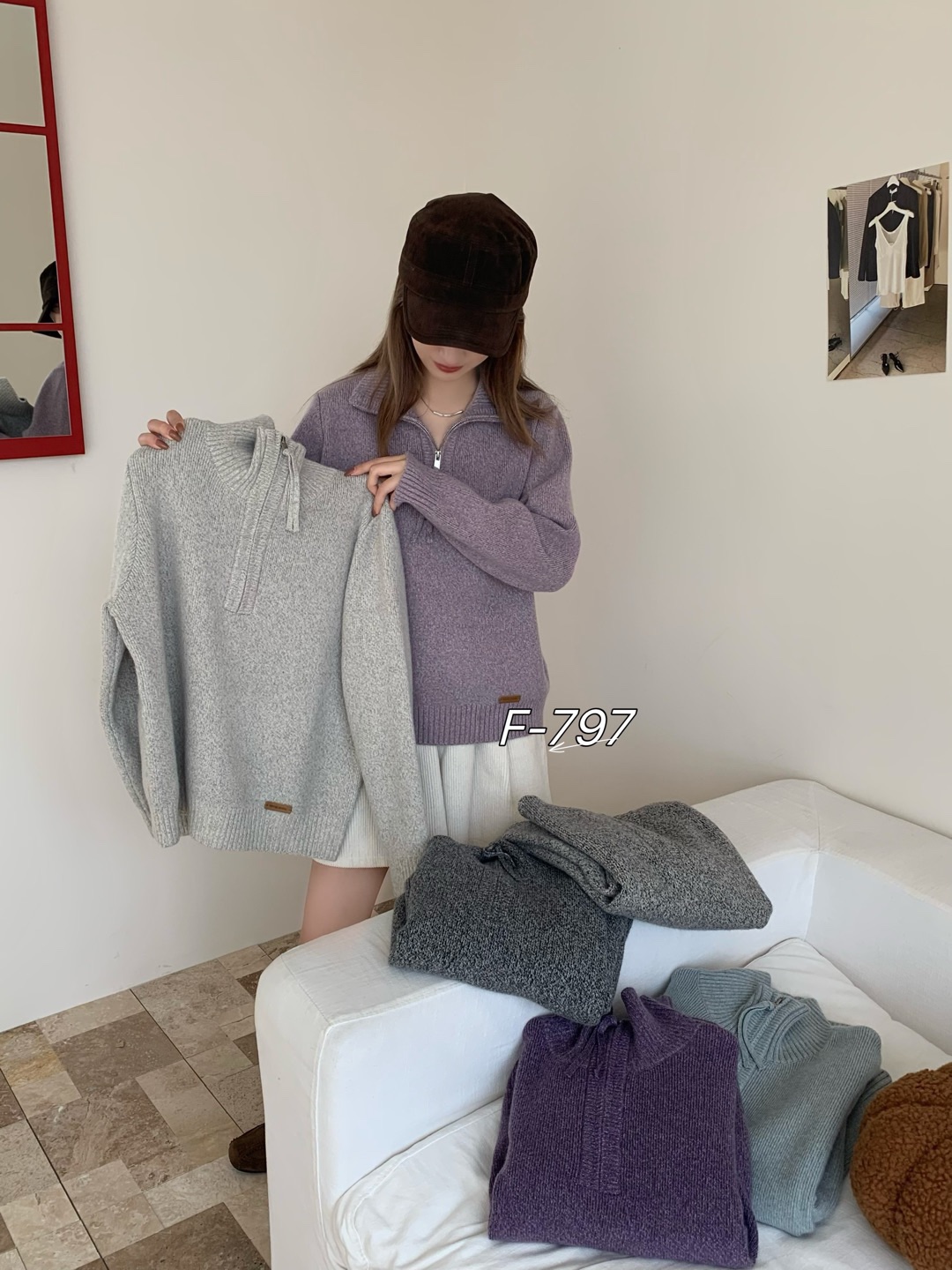 2025秋装新款韩版半开拉链针织开衫女宽松百搭花线毛衣外套F-797