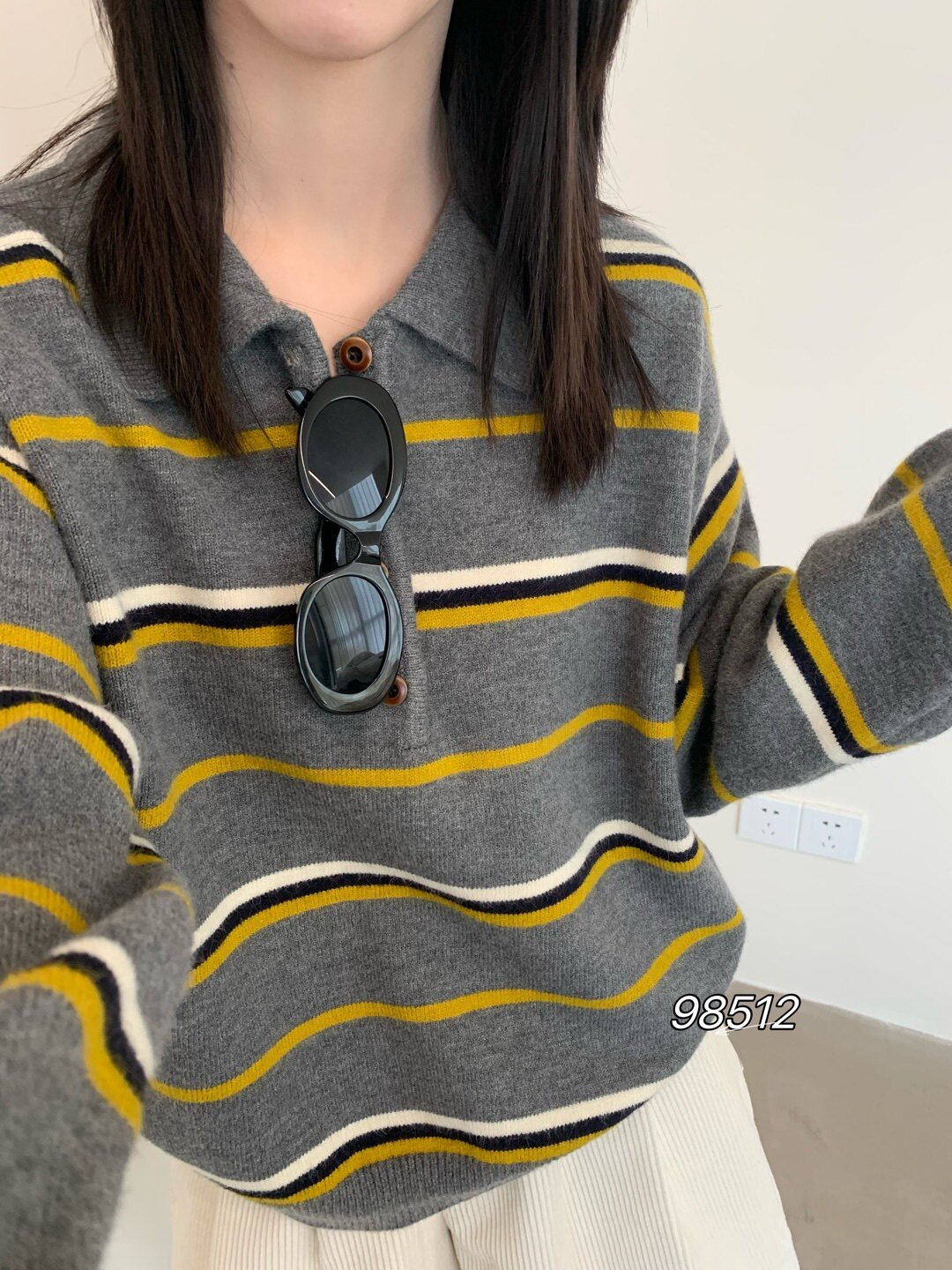 2025秋装新款韩版翻领宽条纹针织开衫女宽松百搭毛衣外套98512