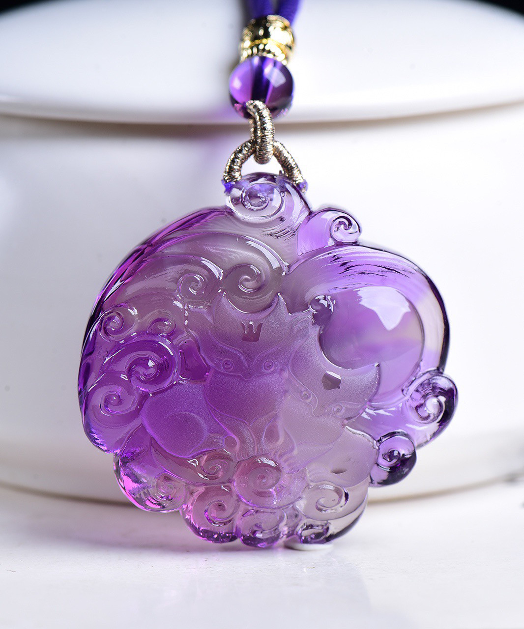 正品天然巴西进口乌拉圭紫水晶九尾狐吊坠项链毛衣链男女款大气