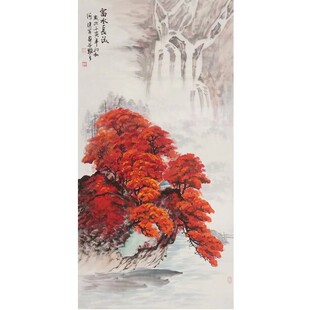 纯手绘山水画竖幅字画挂画国画客厅玄关过道聚财鸿运当头富水长流