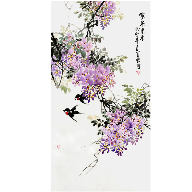 紫藤花字画入户中式玄关紫气东来装饰画国画手绘真迹走廊尽头挂画图片