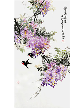 手绘紫气东来国画玄关走廊挂画