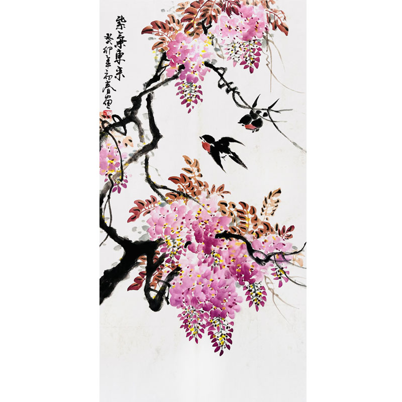 国画紫藤花纯手绘真迹装饰画写意花鸟画进门入户玄关紫气东来挂画