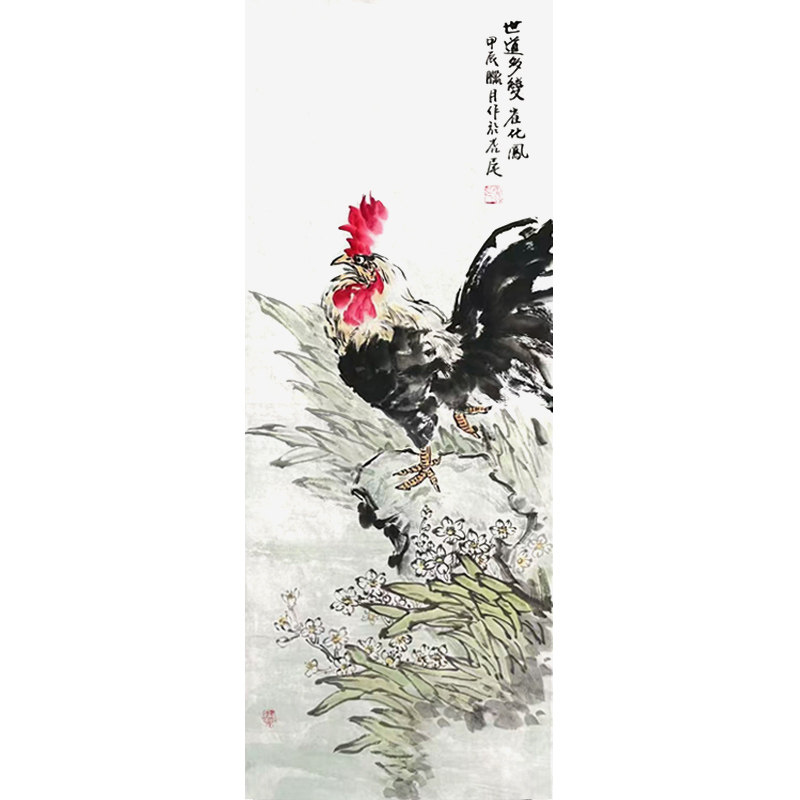 手绘真迹大公鸡国画生肖鸡客厅玄关走廊中式花鸟画金鸡报晓吉利图