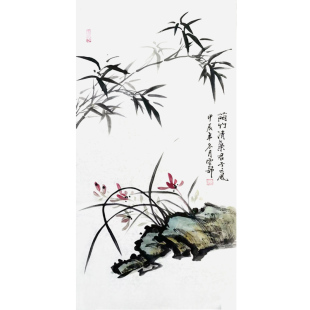 手繪國畫竹子牡丹梅花紫藤柿子新中式 飾畫水墨禪意茶室掛畫 客廳裝