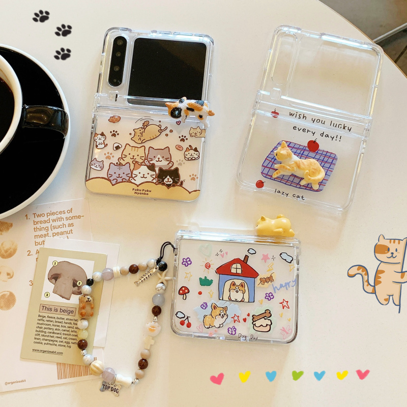 适用摩托罗拉razr60手机壳日系立体卡通猫咪小狗razr60 Ultra全包带铰链小折叠创意个性razr40/50Ultra保护套