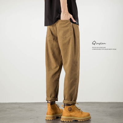 卡其色牛仔裤男潮牌宽松直筒美式休闲复古水洗锥形痞帅裤子秋冬款