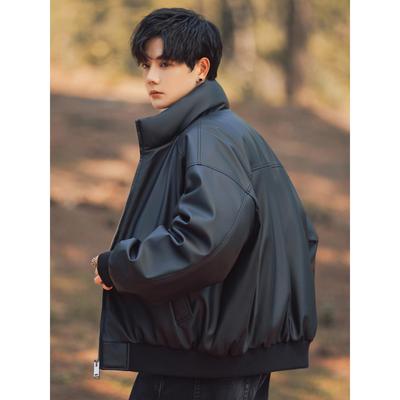 立领羽绒服男款冬季加厚2025新款防寒保暖机车PU皮衣夹克外套短款