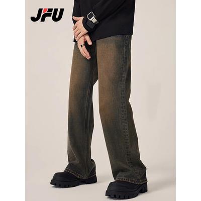 JFU 黄泥染微喇牛仔裤男生春秋新款复古直筒高街长裤子男阔腿潮