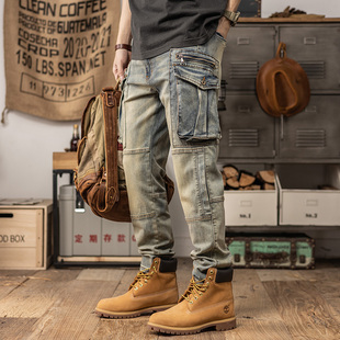 复古机车工装 潮牌直筒锥形休闲裤 牛仔裤 弹力修身 男士 春秋重磅美式