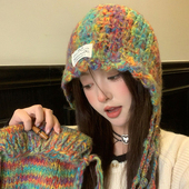 毛线帽子女秋冬季 保暖百搭2024新款 混彩色流苏辫子钩织护耳针织帽