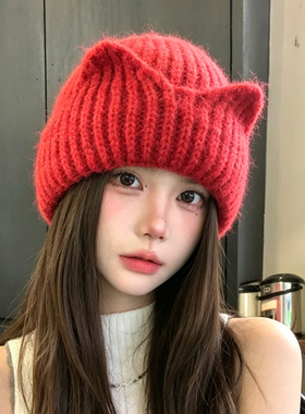 秋冬女韩系猫耳保暖护耳针织帽子