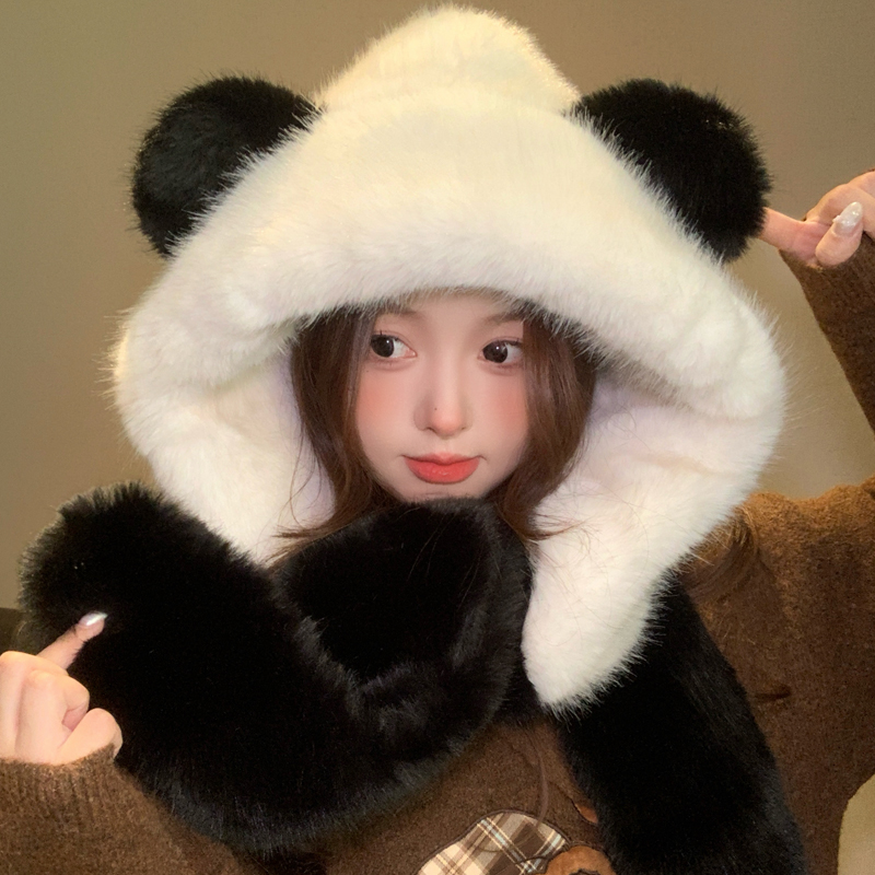 熊猫毛绒帽子围巾一体保暖护耳帽