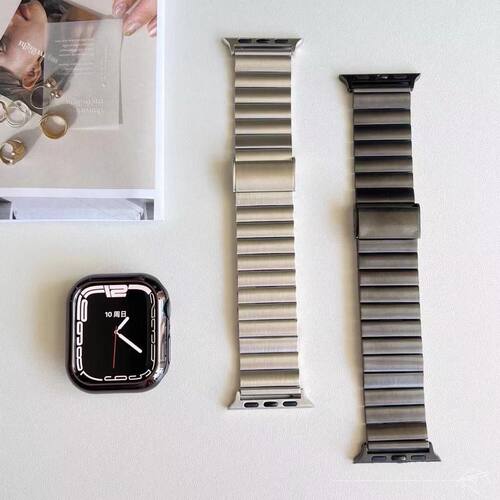 适用苹果iwatch4/5/6/7/8/9/SE表带 竹节卡扣腕带苹果S11不锈钢带