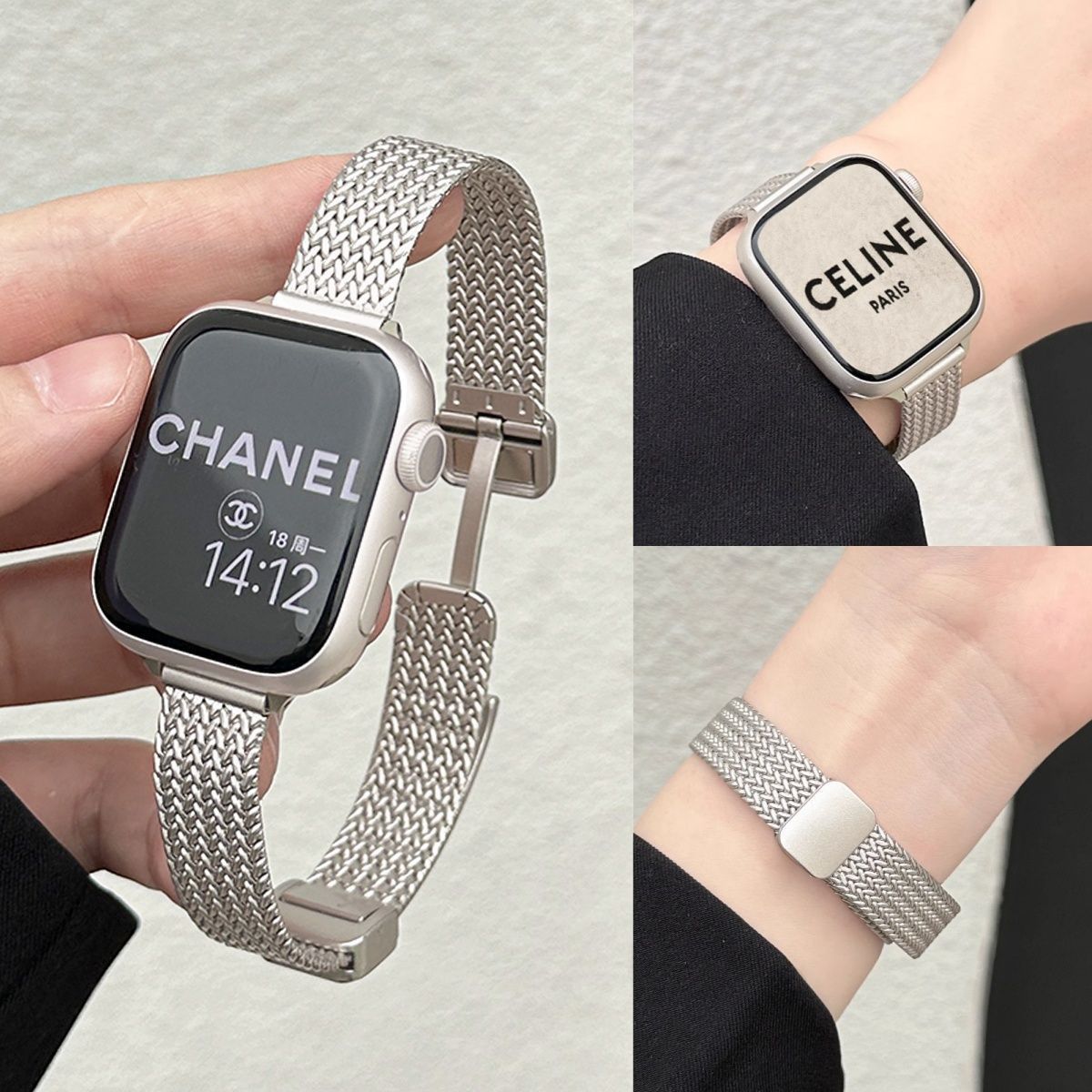 适用ApplewatchS9小蛮腰麦穗金属磁吸扣表带苹果手表87654321细款