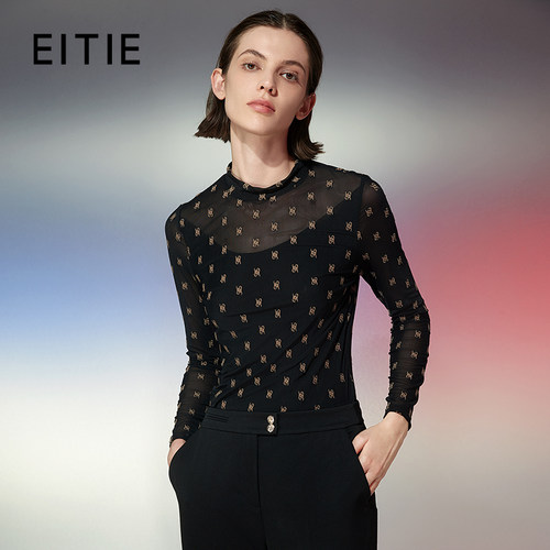 【设计总监然姐】EITIE爱特爱绣花网纱打底修身显瘦T恤2025春新款