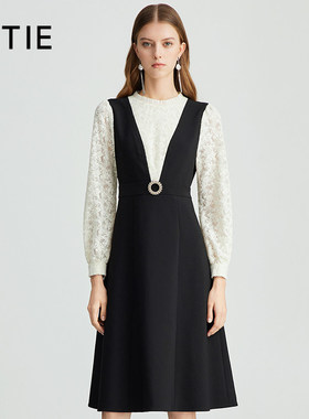 【设计总监然姐】EITIE爱特爱木耳领蕾丝拼接假两件收腰连衣裙