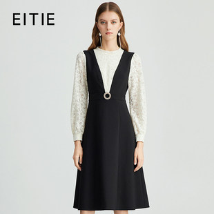 【设计总监然姐】EITIE爱特爱木耳领蕾丝拼接假两件收腰连衣裙