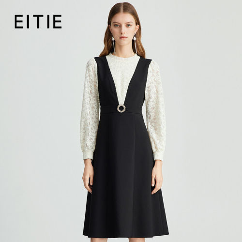 【设计总监然姐】EITIE爱特爱木耳领蕾丝拼接假两件收腰连衣裙