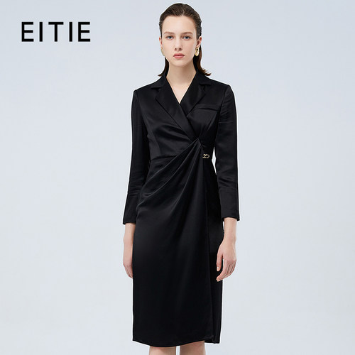 【设计总监然姐】EITIE爱特爱西装领收腰提褶醋纤黑色连衣裙
