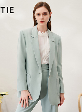 【设计总监然姐】宽松垫肩职业OL西装外套时尚绿色气质百搭春新款