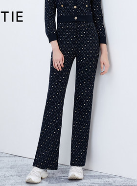 [设计总监然姐]EITIE爱特爱时尚印花微喇显瘦深蓝色高腰休闲裤