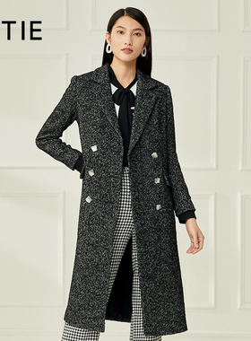 设计总监然姐EITIE爱特爱复古双排扣长款毛呢外套粗纺呢子大衣