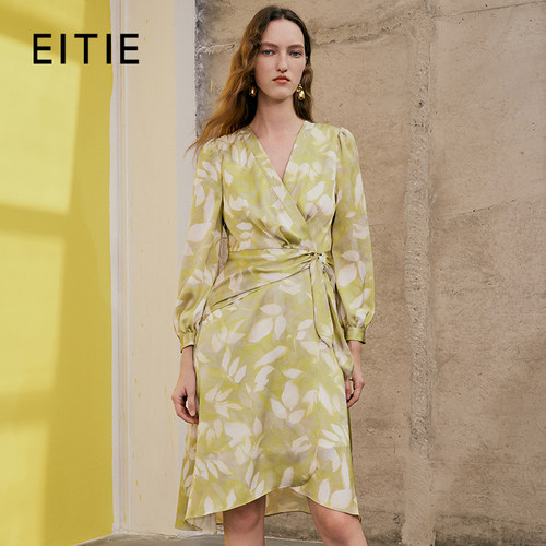【设计总监然姐】EITIE爱特爱气质V领高级收腰a字长袖印花连衣裙