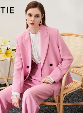 【设计总监然姐】EITIE爱特爱垫肩X型粉色西装短外套复古显瘦百搭