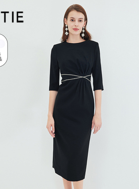 【设计总监然姐】气质优雅钉珠收腰显瘦简约通勤黑色连衣裙