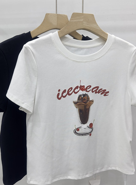 ID sister2025夏季新款短袖可乐冰淇淋印花圆领上衣洋气百搭短款T