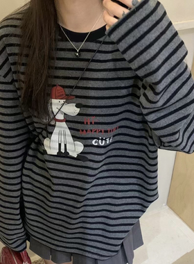 ID新款韩版休闲宽松大版长袖条纹秋季设计感上衣复古减龄卡通印花