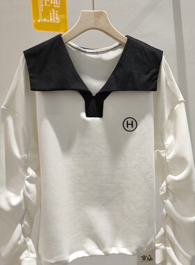 褶皱衬衣女宽松显瘦海军领拼接刺绣字母抽绳长袖卫衣上衣女2024春