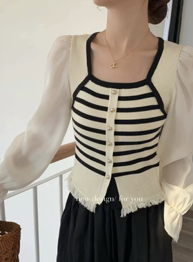 2025春季新款韩版时尚拼接撞色条纹针织衫女设计感小众长袖上衣潮