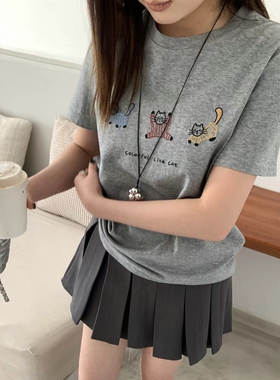 2025早春新款iDsisters可爱风猫咪刺绣短袖T恤上衣设计感流行短袖