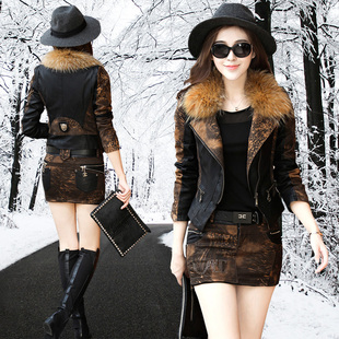 皮棉衣小外套女短款秋冬女装毛领牛仔服夹棉加厚西装夹克两件套装