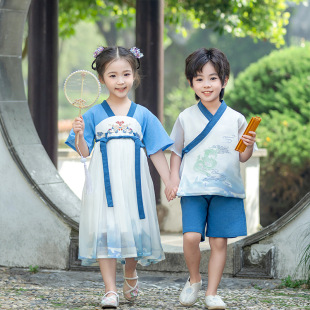 女童汉服裙夏薄款男童唐装短袖套装中国风学生儿童古装国学演出服