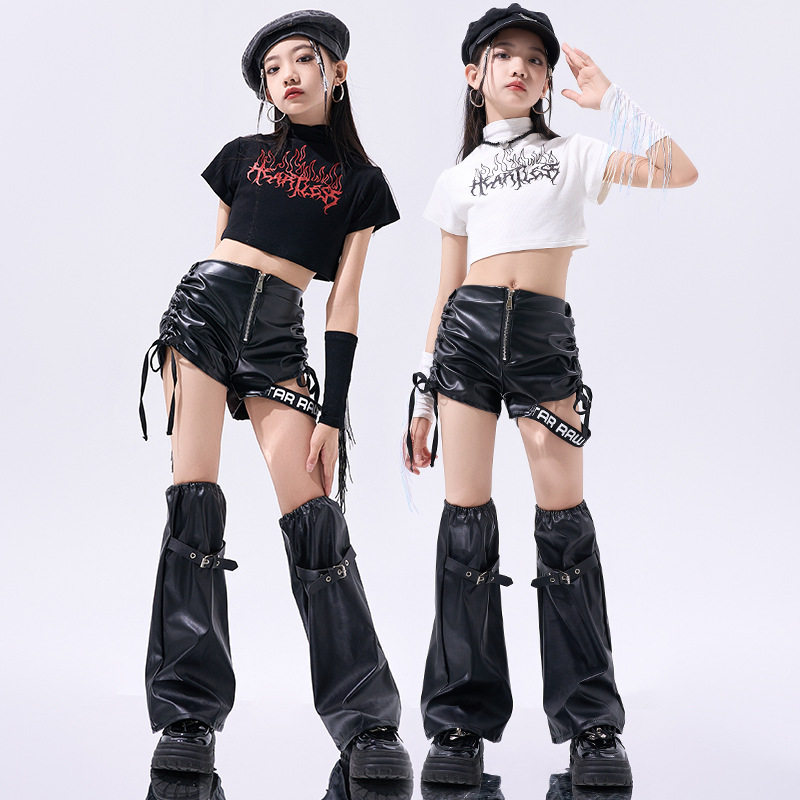儿童kpop女团演出服套装女童舞蹈上衣皮短裤潮酷爵士T台走秀时装
